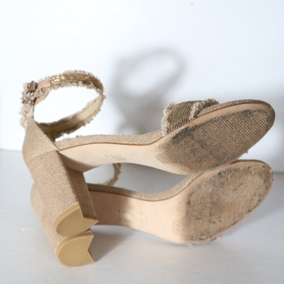Stuart Weitzman Chaingang Frayed Linen Beaded Gold Heels Womens 7.5 Tan Strappy - Picture 8 of 9